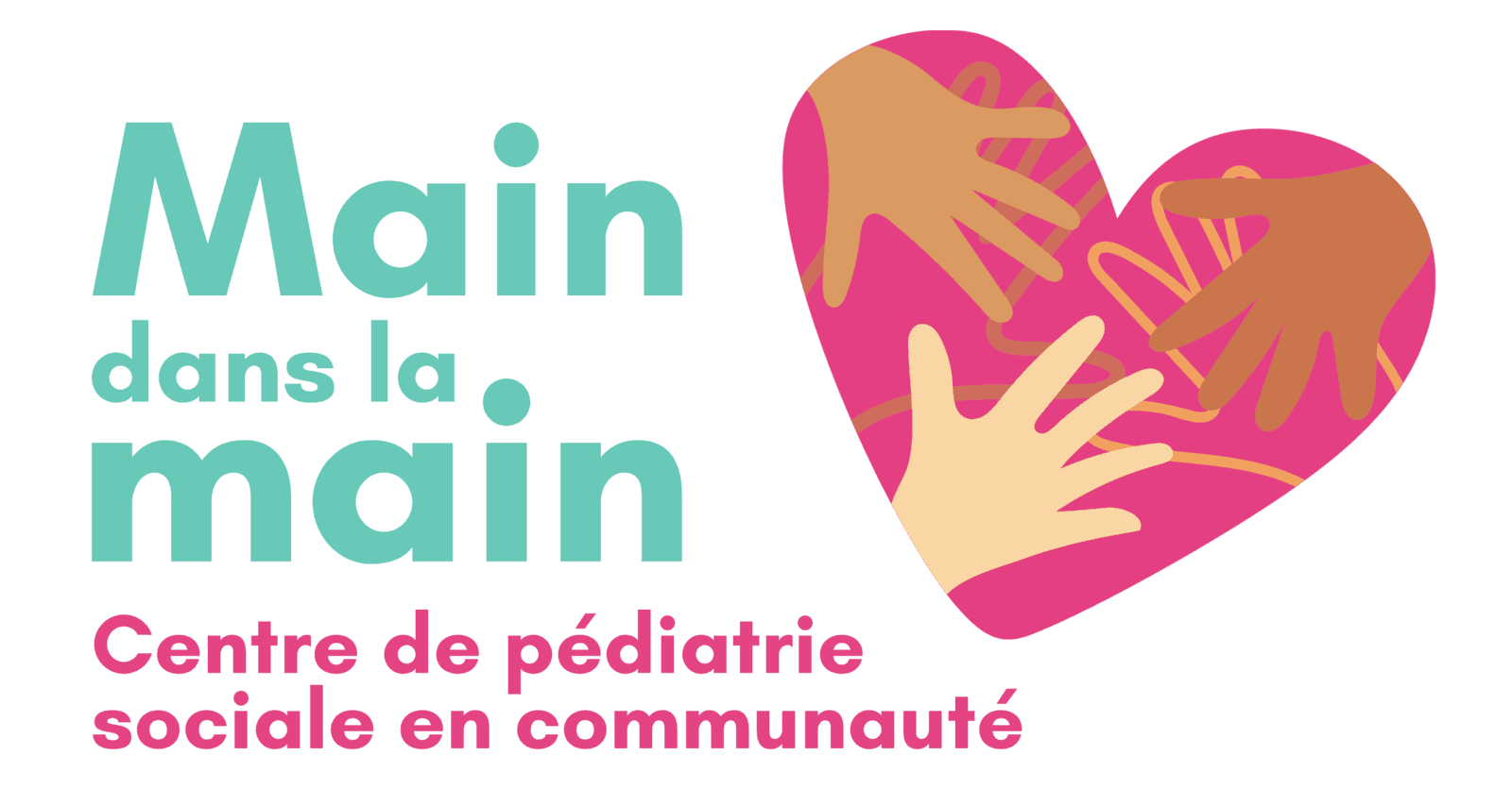 Main dans la main — Centre de pédiatrie sociale en communauté. Three hands resting on a heart.