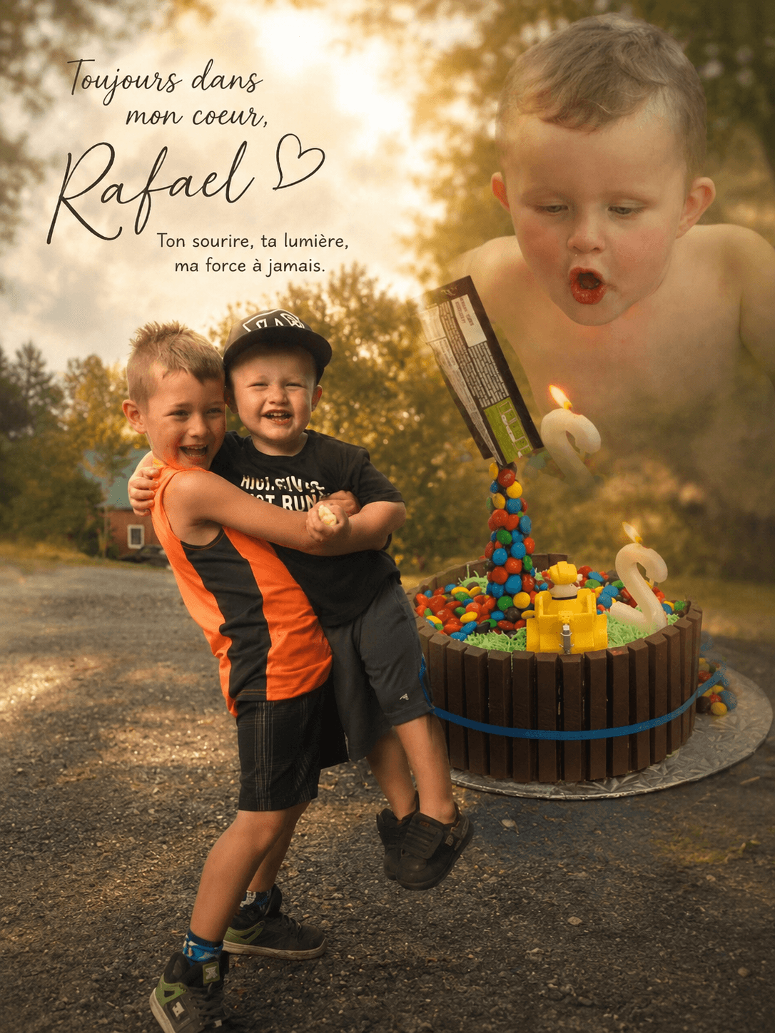 Un photomontage pour Rafaël : il rit dans les bras de son frère Maksim pendant que, derrière eux dans le ciel doré, il souffle la chandelle de ses deux ans. Écrit en travers : Toujours dans mon coeur, Rafael. Ton sourire, ta lumière, ma force à jamais.
